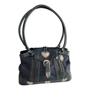VTG Western-Inspired Dark Navy Blue Denim & Faux Leather Handbag